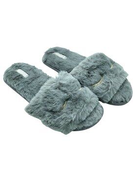 Halluci Womens Slippers Slides Faux Fur Sleepy Eyes Gray Size 38/39 US 7/8